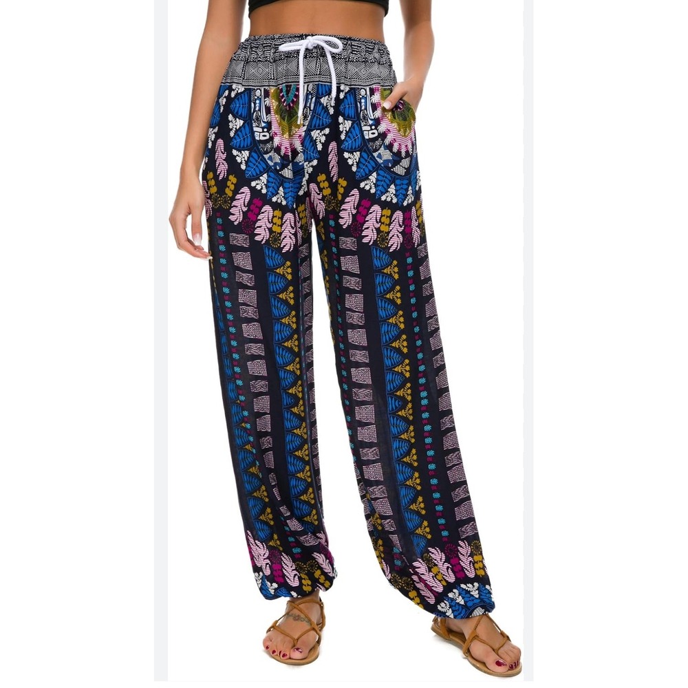 NWT Urban Coco Women Boho Harem Pants Navy Blue Floral Geometric Print Joggers L